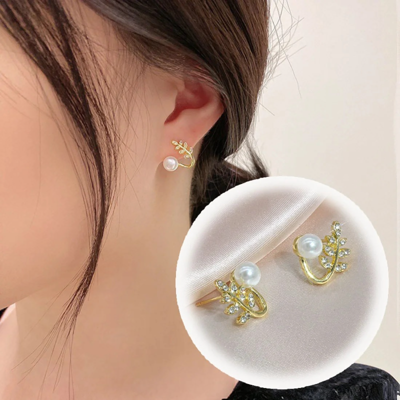 Elegant Leaf Shaped Pearl Stud Earrings