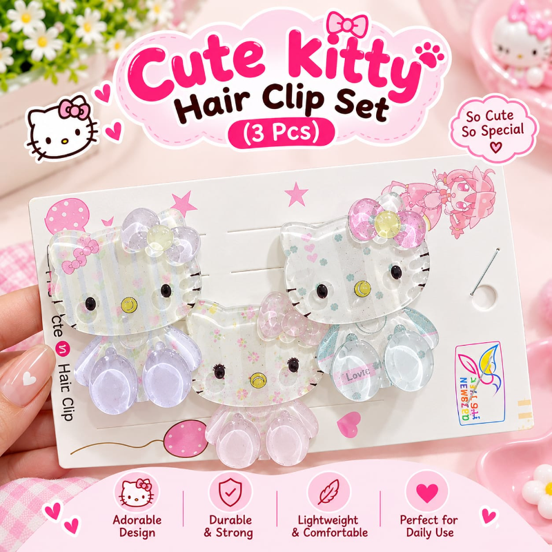 Cute Style Kitty Hair Clip Set (3 Pcs)