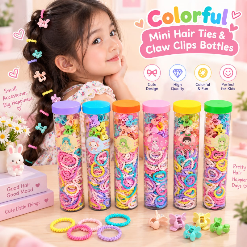 Colorful Mini Hair Ties & Claw Clips Bottle (1 Pc)