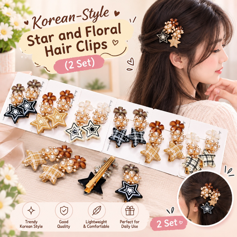 Korean-Style Star and Floral Hair Clips (2 Set)