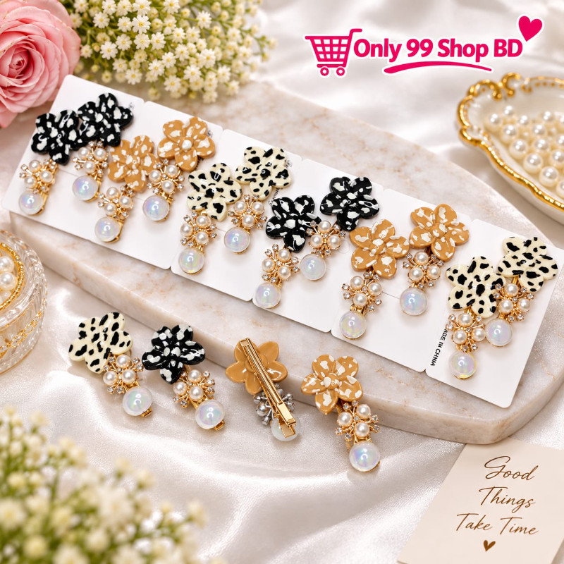Korean-Style Leopard-Print Pearl Hair Clips (2 Set)
