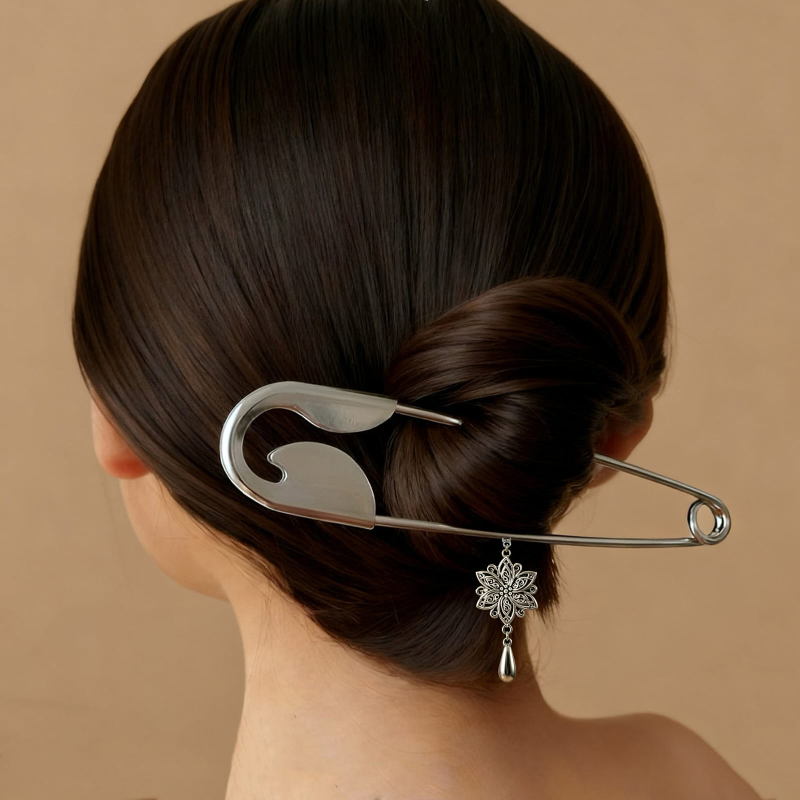 Stylish Safety Pins Hairclip With Pendant (1 Pc)