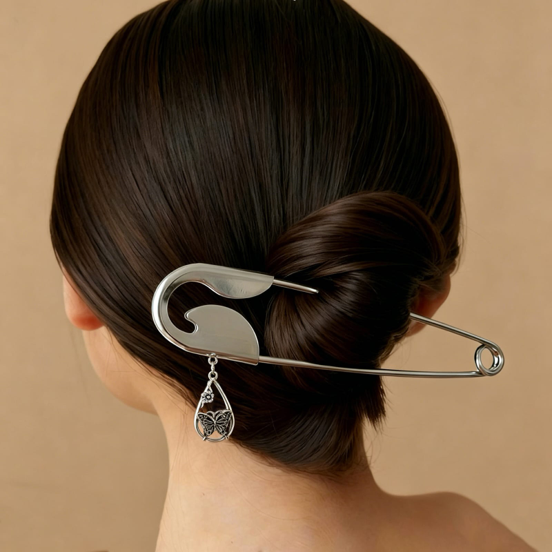 Oversized Safety Pin Women's Hair Clip With Charms
