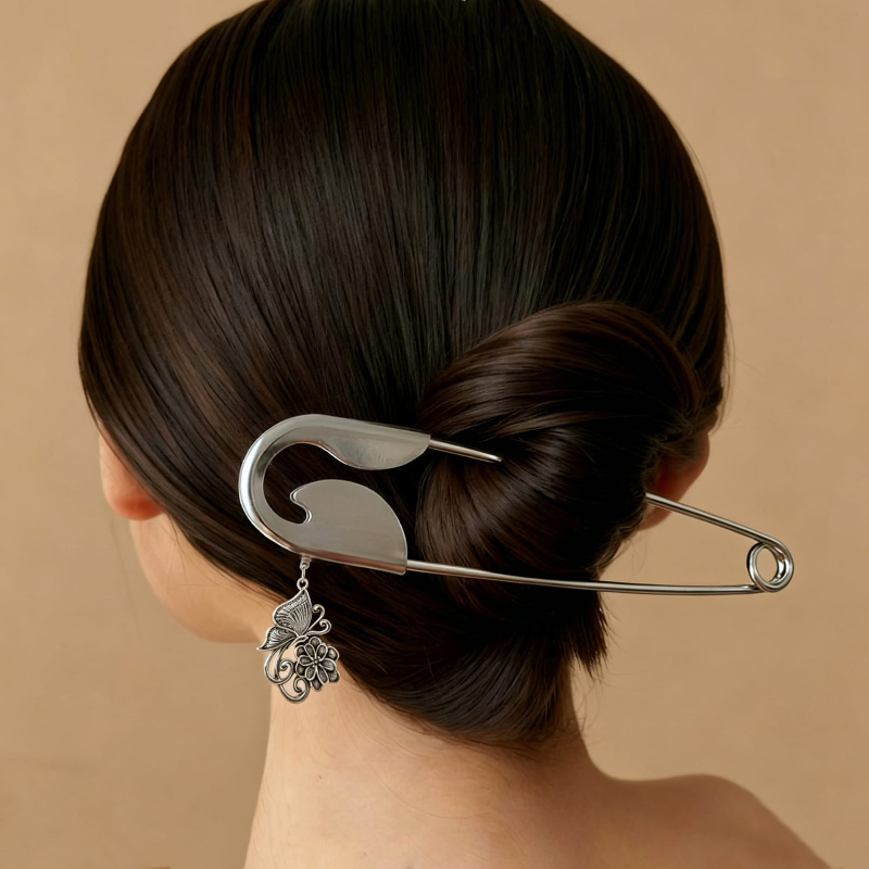 Oversized Safety Pin Women's Hair Clip With Charms