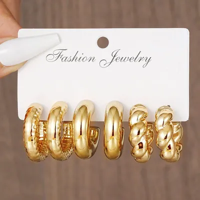 3 Pairs Retro Alloy C-Shape Hoop Earrings