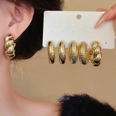 3 Pairs Retro Alloy C-Shape Hoop Earrings