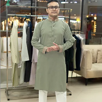 Olive Grey Embroidery Panjabi 
