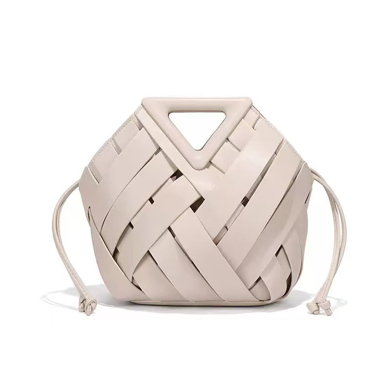 Triangle-Cutout Woven Drawstring Handbag Collection