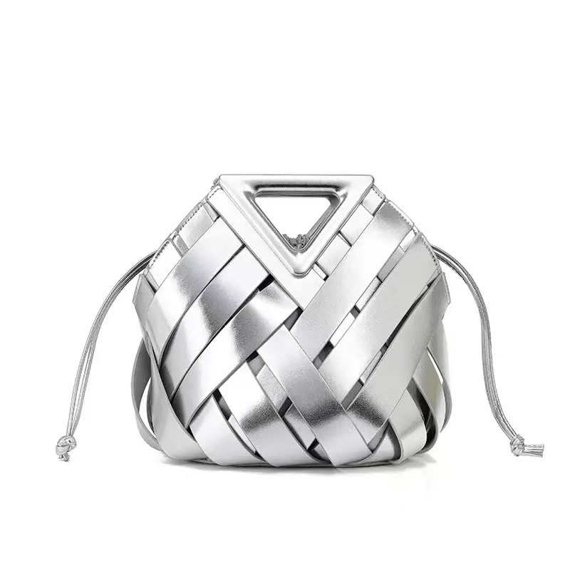 Triangle-Cutout Woven Drawstring Handbag Collection