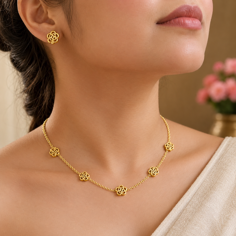 Minimalist Gold Cutout Floral Necklace and Stud Earrings Set