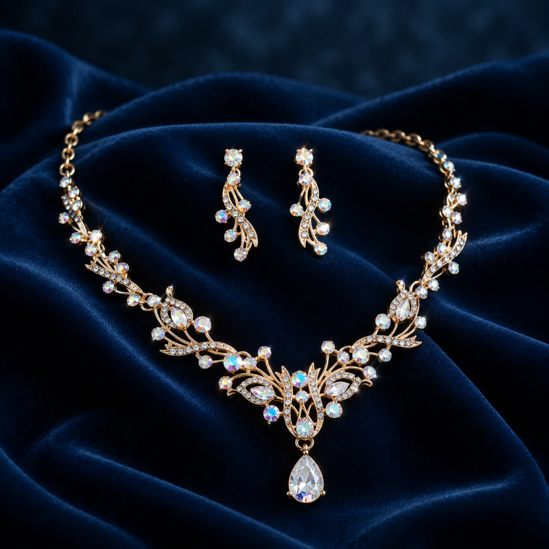 Rhinestone Studded Bridal Crystal Necklace and Earring Set
