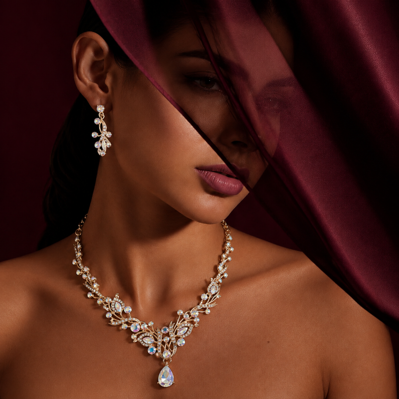 Rhinestone Studded Bridal Crystal Necklace and Earring Set