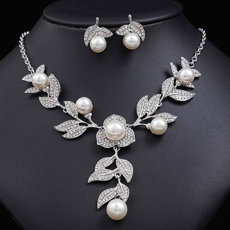 Silver Floral Vine Pearl and Crystal Necklace with Earring Set