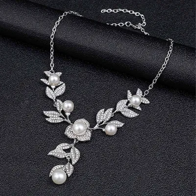 Silver Floral Vine Pearl and Crystal Necklace with Earring Set