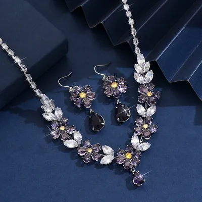 Purple Crystal Floral Necklace and Dangle Earring Jewelry Set