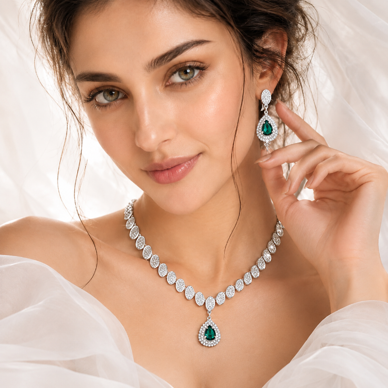 Silver Emerald Green Teardrop Gemstone Necklace and Earring Set