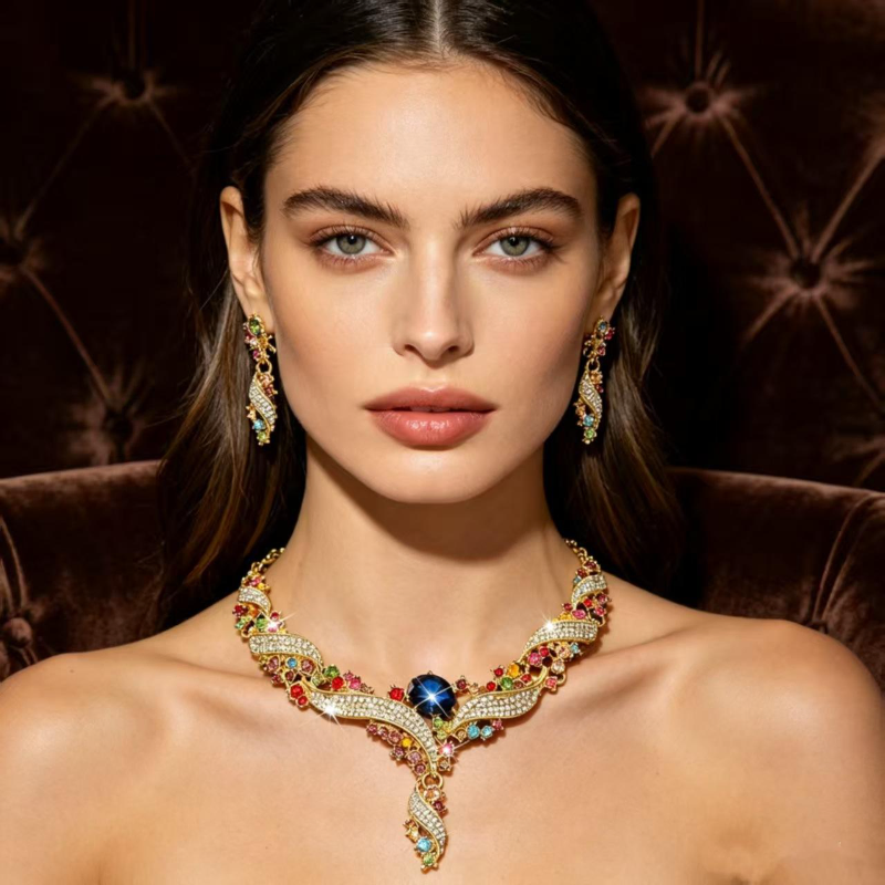 Gold-Plated Multicolor Crystal Swirl Necklace and Earring Set