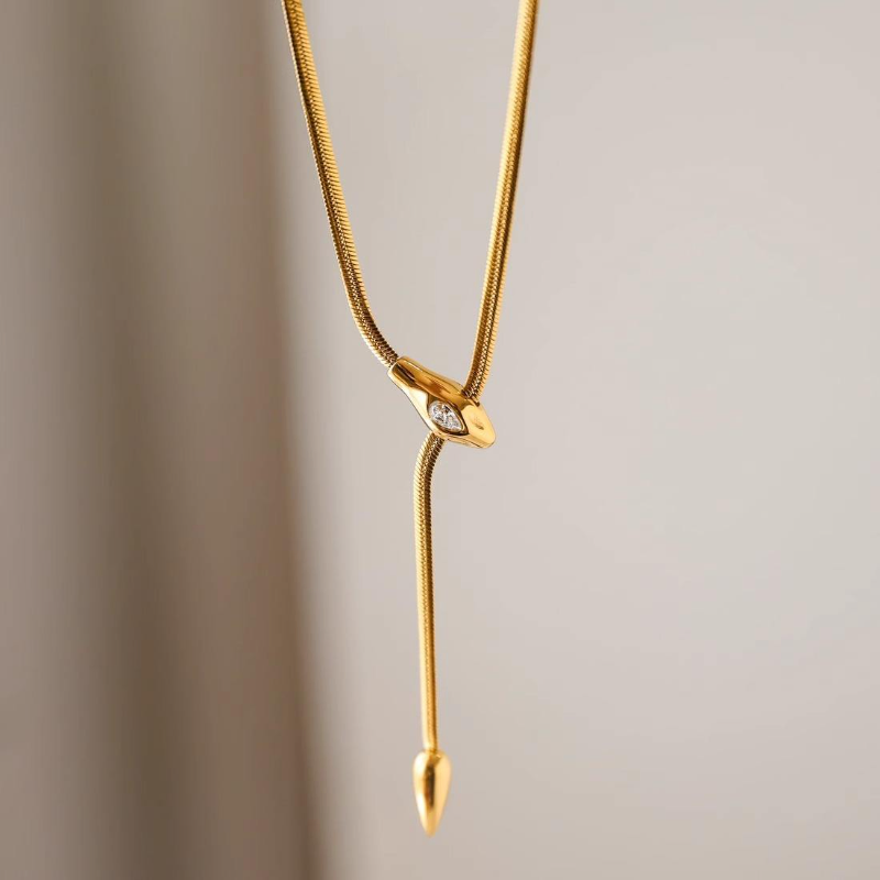 Gold-Plated Snake Lariat Y-Necklace with Zirconia Accent