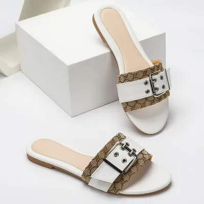 DOUBLE PIN BUCKLE DECORATED WOMEN'S FLAT SLIPPERS GB-8252