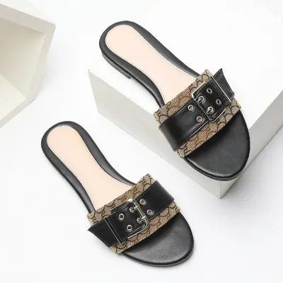 DOUBLE PIN BUCKLE DECORATED WOMEN'S FLAT SLIPPERS GB-8252