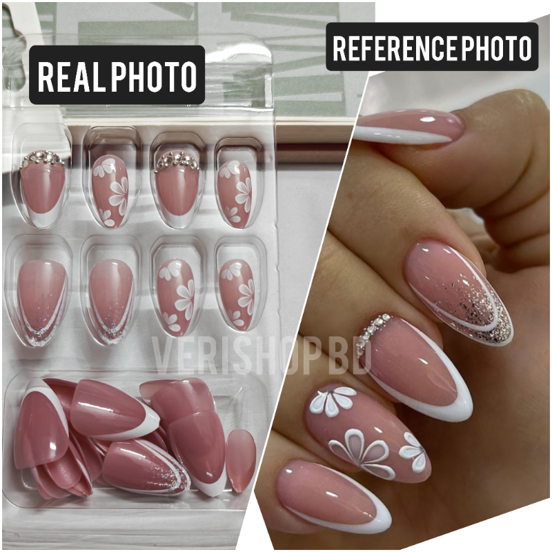 ALMOND GLITTERY FLOWER STONE NAILS 