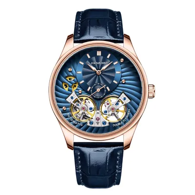 HANBORO Men's Double Flying Wheel Skeleton Automatic Mechanical Watch