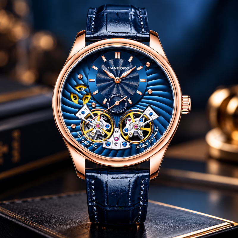 HANBORO Men's Double Flying Wheel Skeleton Automatic Mechanical Watch