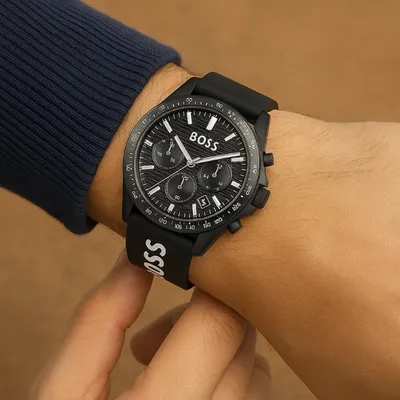 Hugo Boss Strike Black-dial chronograph watch with silicone logo strap