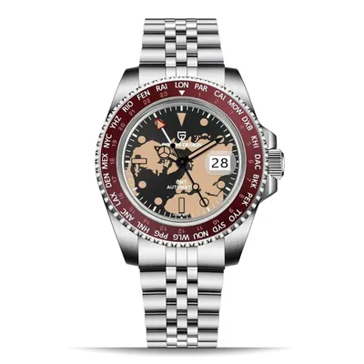 Pagani Design GMT NH34  Automatic Men's Watch (Maroon World Map Dial)