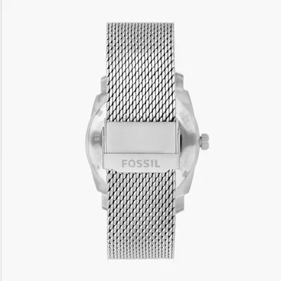 Fossil Machine Three-Hand Day-Date Stainless Steel Mesh Watch