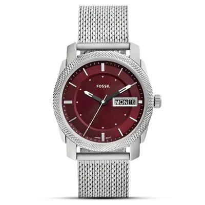 Fossil Machine Three-Hand Day-Date Stainless Steel Mesh Watch