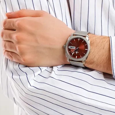 Fossil Machine Three-Hand Day-Date Stainless Steel Mesh Watch