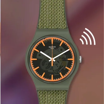 Swatch PAY! OnGPAY! NFC Cashless Payment Watch–Olive Green Transparent Dial