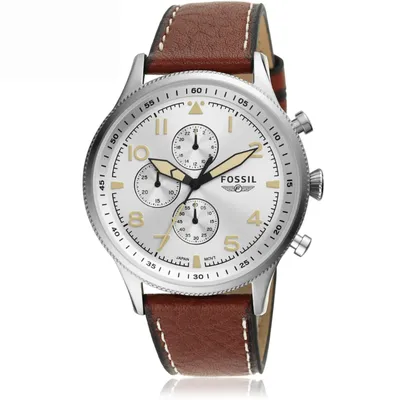 Fossil Retro Pilot Chronograph Silver Dial Brown Leather Strap Watch