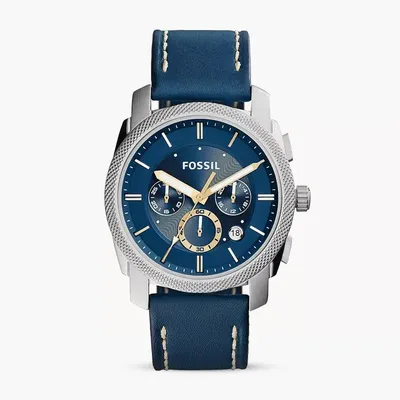 Fossil Machine Chronograph Blue Dial Blue Leather Strap Watch