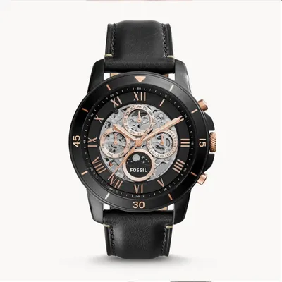 Fossil Grant Sport Automatic Skeleton Black Dial Leather Strap Watch