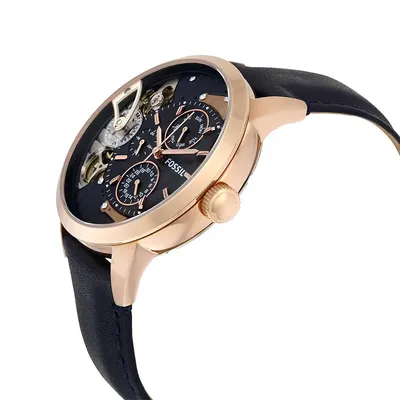 Fossil Townsman Twist Skeleton Blue Dial Leather Strap Watch