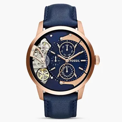 Fossil Townsman Twist Skeleton Blue Dial Leather Strap Watch