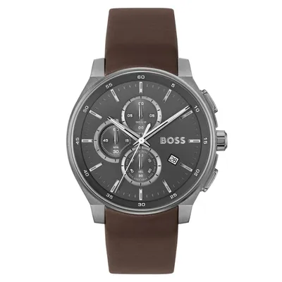 Hugo Boss Brown Leather Grey Dial Chronograph Men's Watch