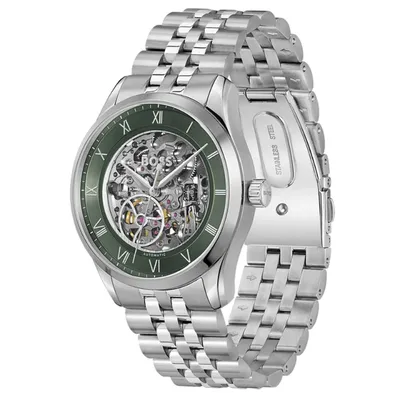 BOSS Principle Skeleton Mech-Automatic Green Round Dial Men's Watch