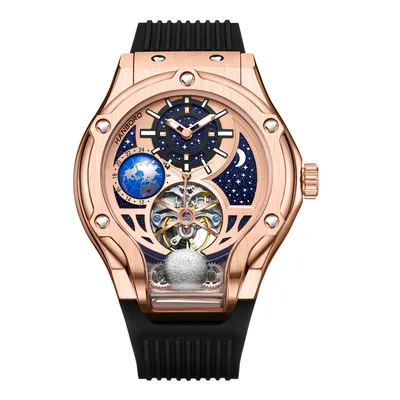 HANBORO Rose Gold Starry Sky Hollow Flywheel Moon Phase Automatic Mechanical Watch Luxury Space Theme Sports Watch