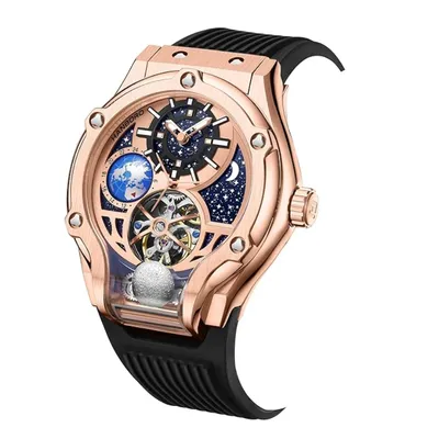 HANBORO Rose Gold Starry Sky Hollow Flywheel Moon Phase Automatic Mechanical Watch Luxury Space Theme Sports Watch