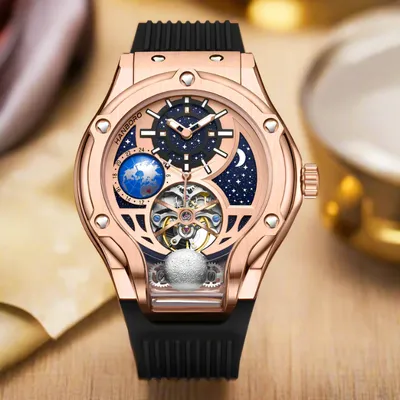 HANBORO Rose Gold Starry Sky Hollow Flywheel Moon Phase Automatic Mechanical Watch Luxury Space Theme Sports Watch