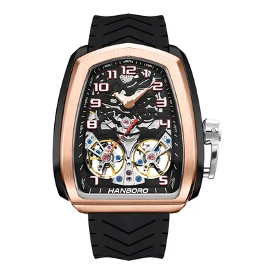 HANBORO Automatic mechanical men's watch Skeleton Twin Double fly wheel Mechanism