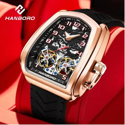 HANBORO Automatic mechanical men's watch Skeleton Twin Double fly wheel Mechanism