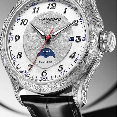 HNABORO hourly clock series carved craftsmanship crocodile leather strap men's mechanical watch