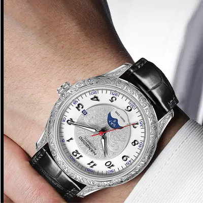 HNABORO hourly clock series carved craftsmanship crocodile leather strap men's mechanical watch