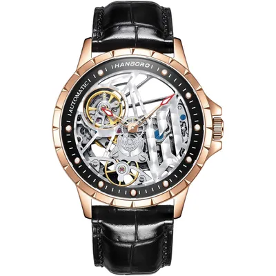 Automatic Mechanical Skeleton Wrist Watch with Leather Strap