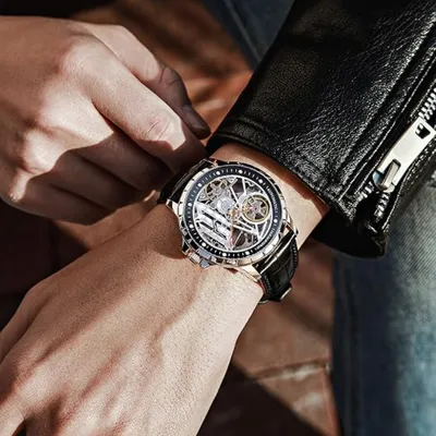 Automatic Mechanical Skeleton Wrist Watch with Leather Strap