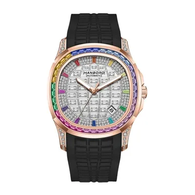 HANBORO Square Crystal Automatic Black Rose Gold Men's Watch